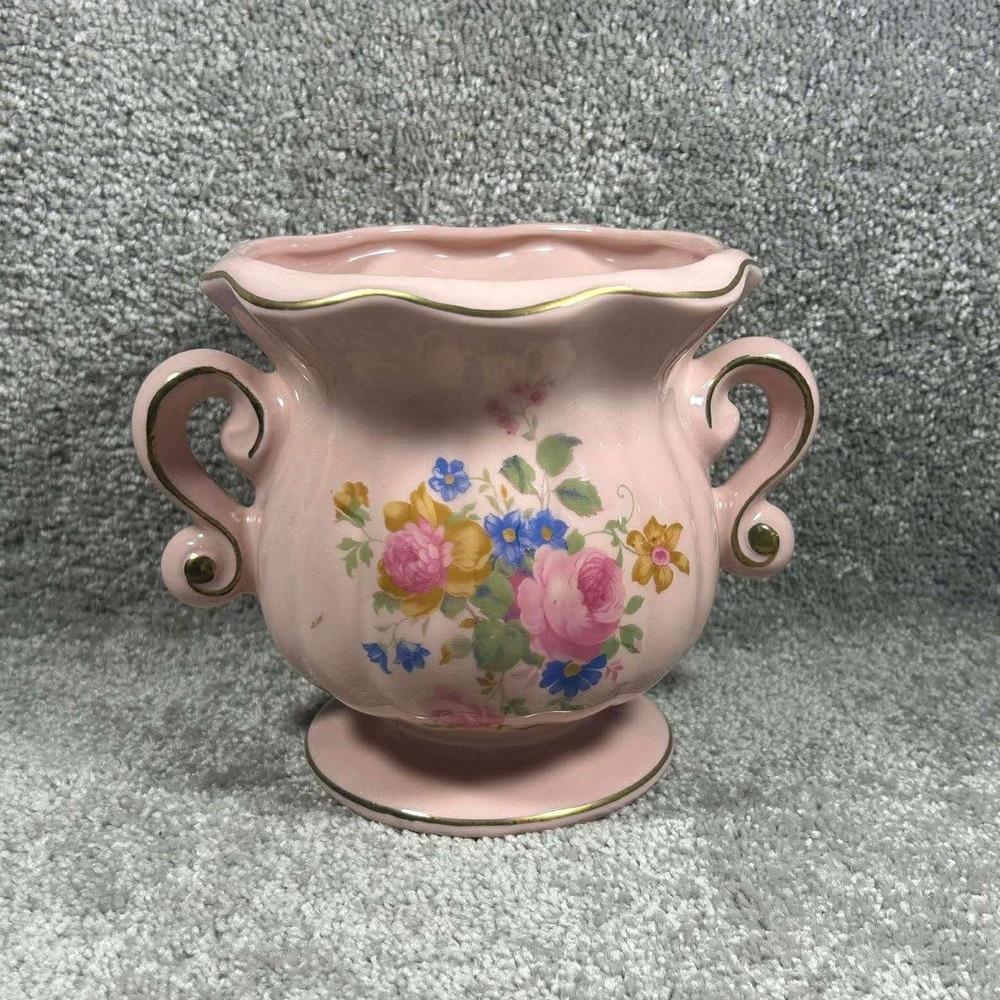 Fornart USA Planter Vase Pink Floral Gold Trim Scroll Handles 107-D Vintage